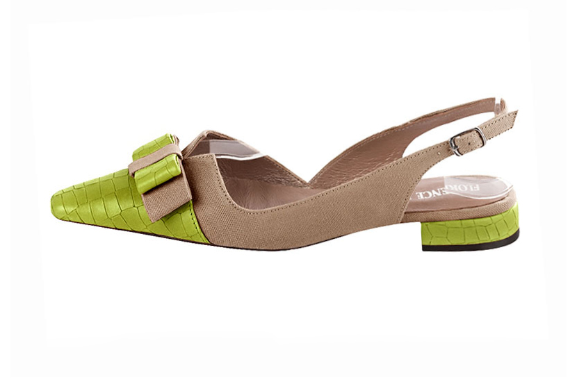 French elegance and refinement for these pistachio green and tan beige dress slingback shoes, with a knot, 
                available in many subtle leather and colour combinations. The pretty French spirit of this beautiful pump will accompany your steps nicely and comfortably.
To be personalized or not, with your materials and colors.  
                Matching clutches for parties, ceremonies and weddings.   
                You can customize these shoes to perfectly match your tastes or needs, and have a unique model.  
                Choice of leathers, colours, knots and heels. 
                Wide range of materials and shades carefully chosen.  
                Rich collection of flat, low, mid and high heels.  
                Small and large shoe sizes - Florence KOOIJMAN
